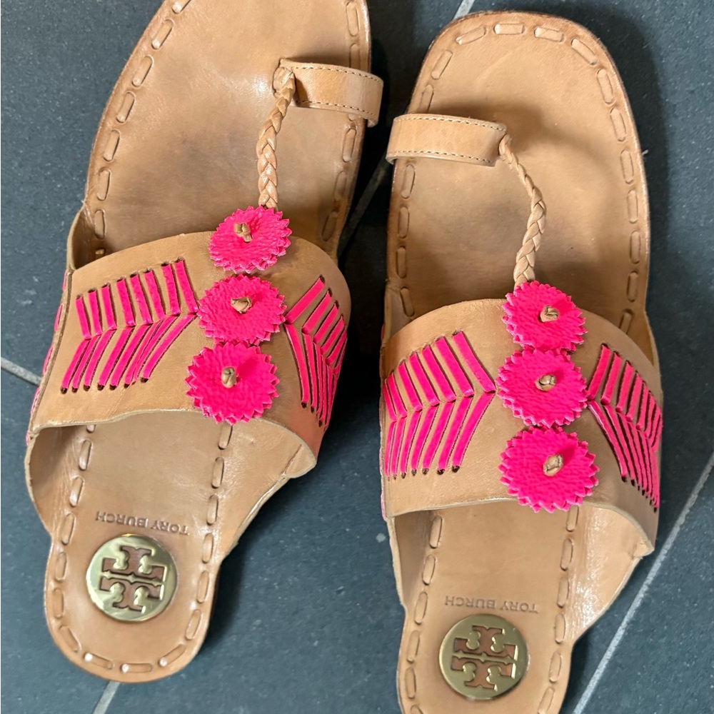 Tory Burch Tan Sandals with Pink Accents